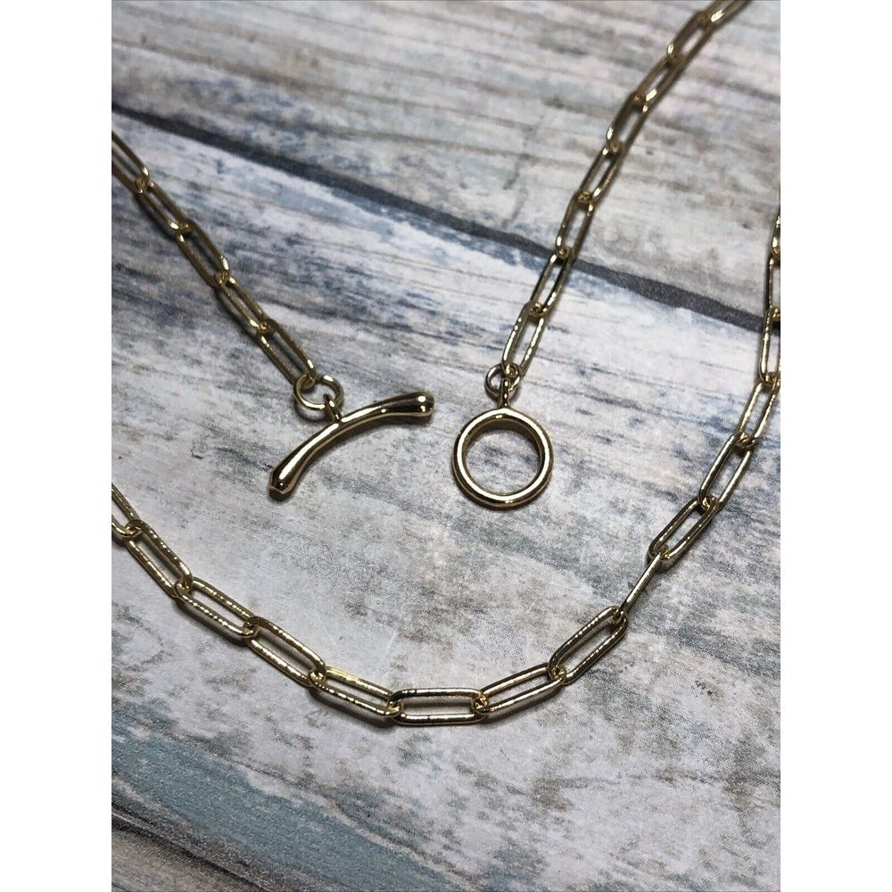 Paperclip chain Links Gold Tone Necklace 15" Toggle Clasp NWOT